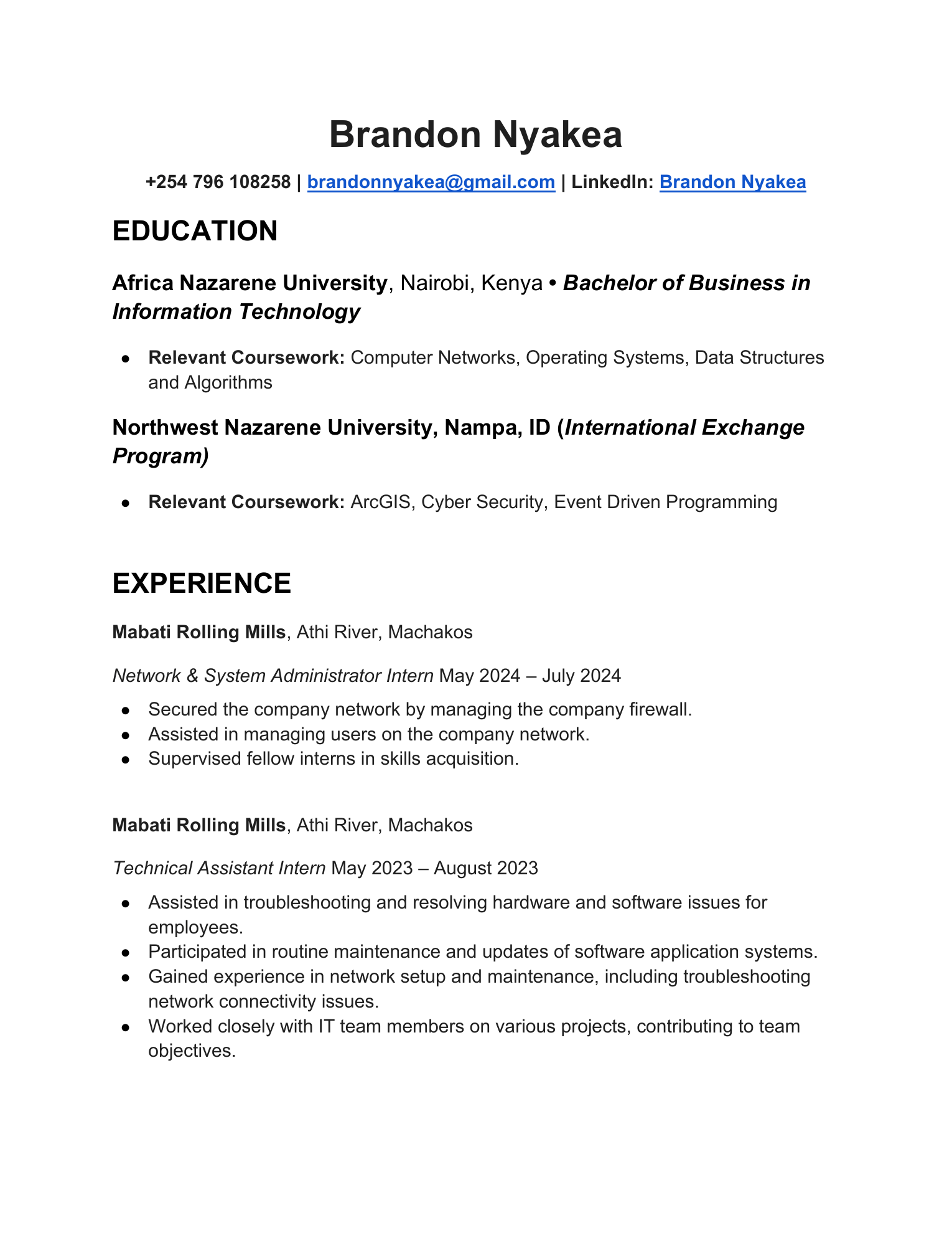 Brandon Nyakea resume — page 1